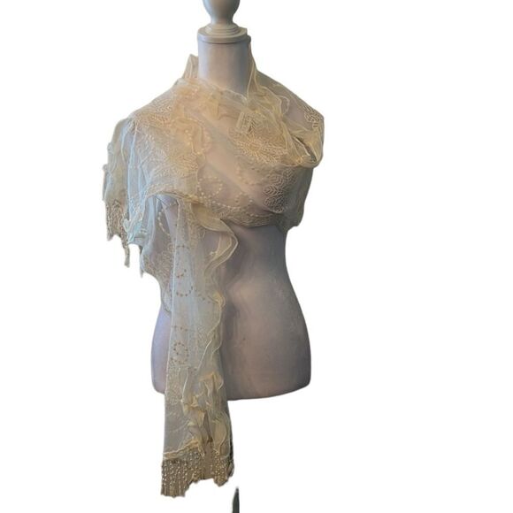 Pier1 cream colored lacy embellished oblong scarf 71” long including fringe EUC - Picture 1 of 13